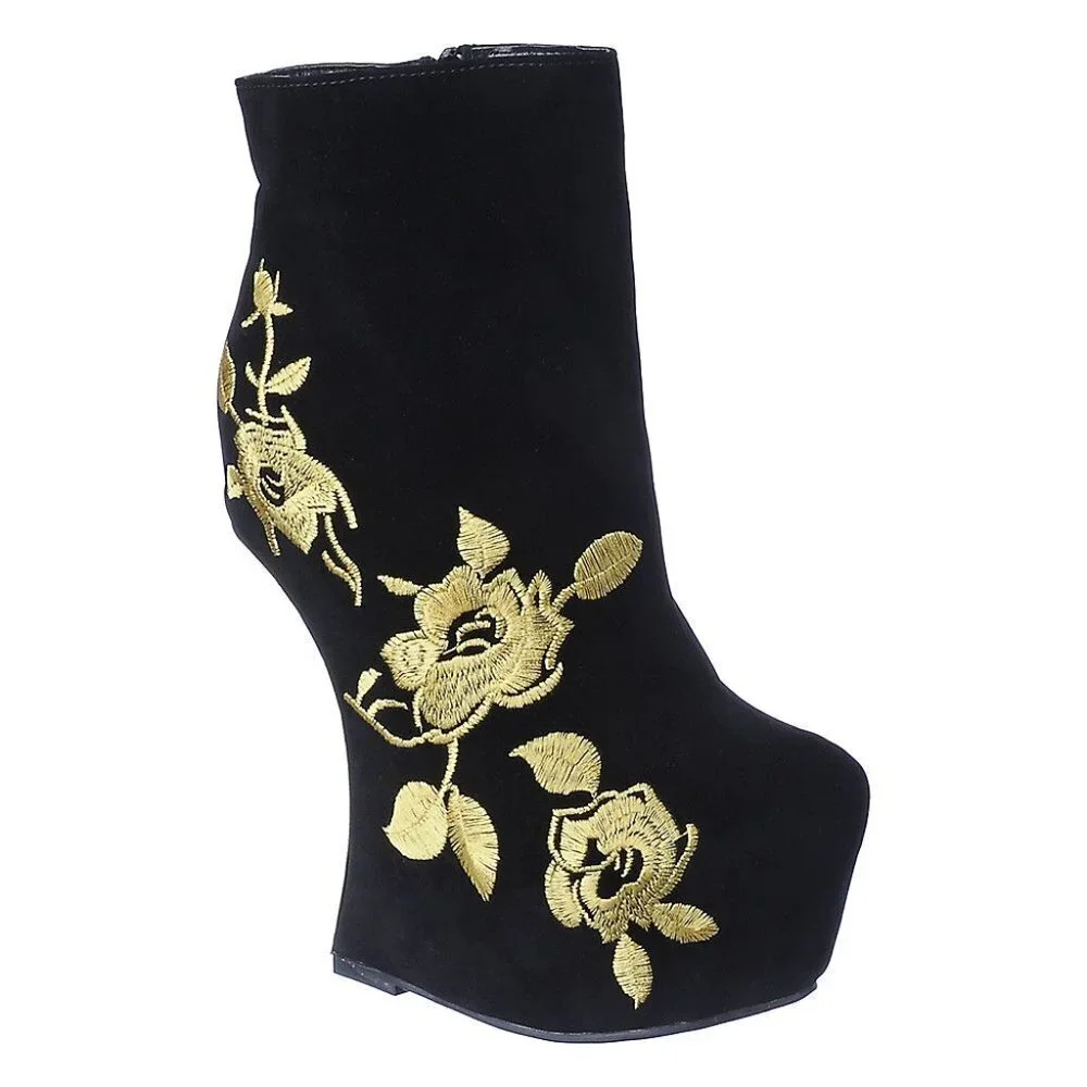WOMEN'S PLATFORM MISSING OVER THE EDGE WEDGE BOOT  -  Black/Gold ( BRAND NEW !!!